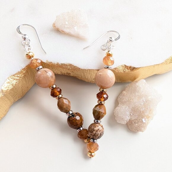 Sterling Silver Autumn Gemstone Handmade Drop Earrings - Picture 2 of 10